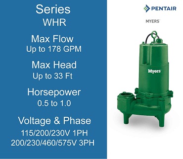 Myers Sewage Pumps, WHR Series, 0.5 to 1.0 Horsepower, 15/200/230 Volts 1 Phase, 200/230/460/575 Volts 3 Phase